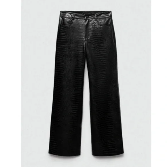 Mango Black Croc-Embossed Straight Leg Pants - Picture 1 of 7